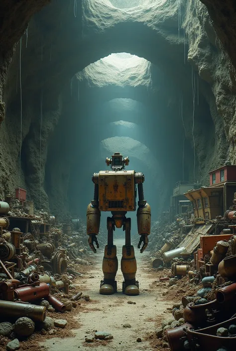 (photo 3D), a dark cave filled with bunches of junk, old electronic equipments, old machines, old cars, an old robot in the center, landscape wide view
