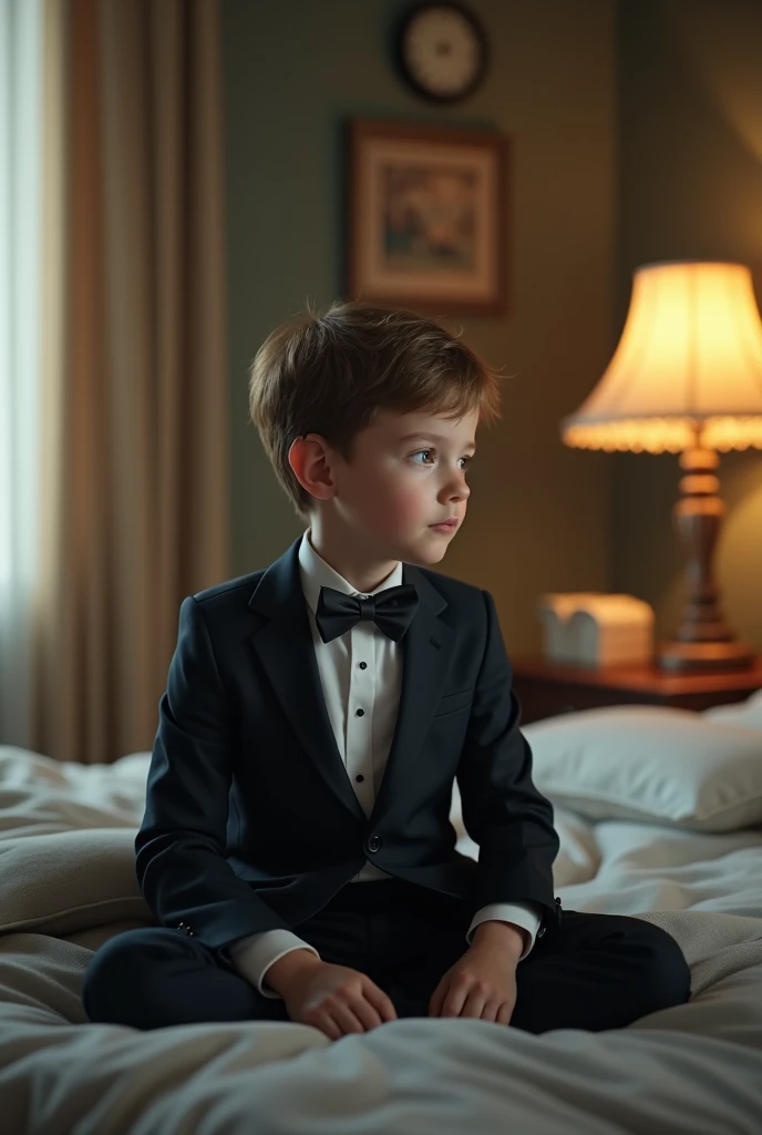 A  boy in a tuxedo sits on the bed and watches cricket 