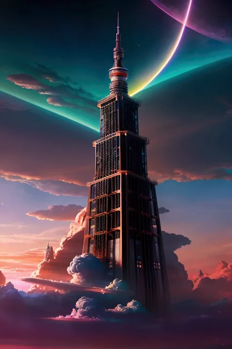 Create a futuristic and fantastical Dragon Quest-style fantasy landscape featuring Tokyo Tower. The Tokyo Tower should be reimagined with futuristic designs, adorned with otherworldly colors and glowing decorations. The background should include a grand, f...