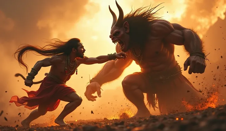 /imagine prompt: 3D, personality: [Illustrate the moment of intense confrontation as Hanuman and Kumbhkaran engage in a fierce battle. Hanuman, quick and agile, showcases divine strength with a fierce expression, while Kumbhkaran, massive and powerful, fig...