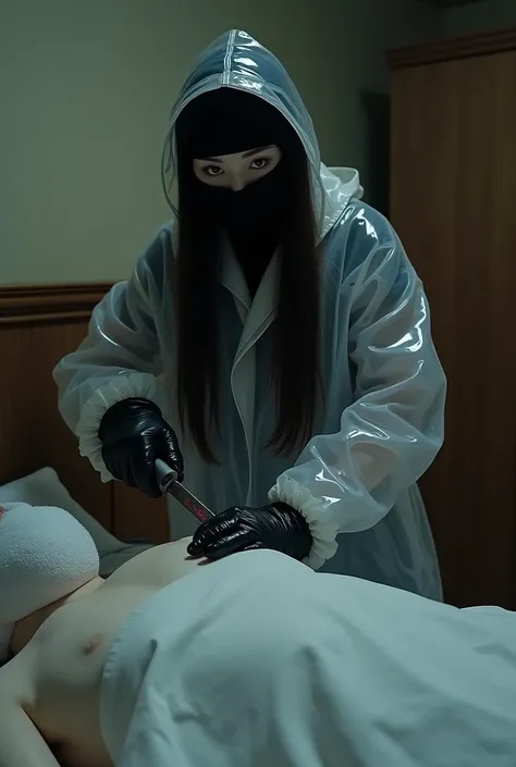 korean girl, (behind stiff, black balaclava mask), holding knife, stabbing, black leather gloves, hotel room, lesbian, transparent raincoat, hood up, holding knife, leather gloves, behind cadaver, looking at viewer, blood splatter, night, mass murderer, ki...