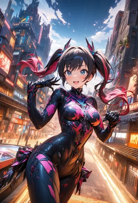 舌、masterpiece, best quality, extremely detailed CG unity 8k wallpaper, A gal with twin tails. Unusual fashion. The background is a cityscape lined with buildings. Octane rendering style. 2.5D art.