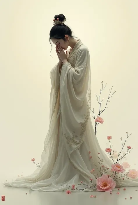 full body of a ancient Chinese princess covering her face and crying. make it gradient. make it look like a Chinese ink painting style or a watercolor art style
