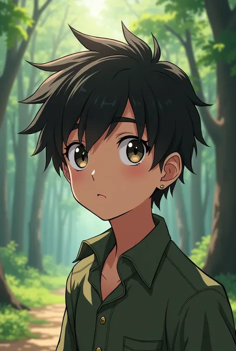 1 angel boy faces the camera，Background with forest, anime style,Looks handsome 