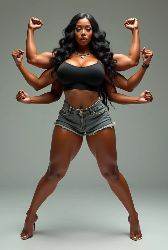 Extra arms, a cardi B with a black top and gray shorts posing for a picture, curvy 10 
arms, incredibly beautiful and tall, showing off biceps, big arms, strong pose, very beautiful, arms extended, flexing arms, 10 arms and 2 legs!, curvy arms, multiple ar...