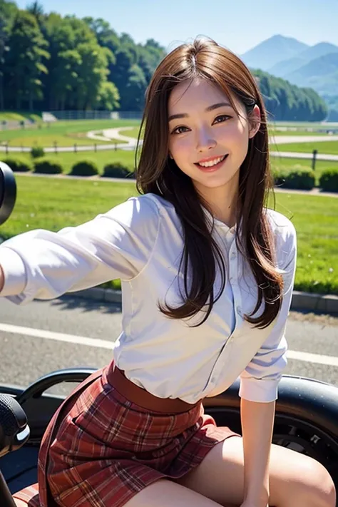 ((Highest quality)), ((masterpiece)), (detailed), One girl, sexy,Mountain pass、bicycle、driving、smile