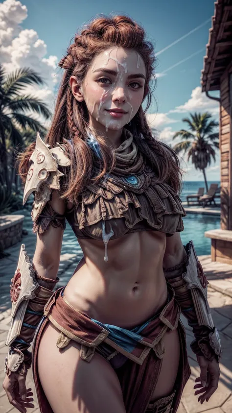 AloyHorizon, solo, long hair, smile, brown hair, hair ornament, navel, female pole vaulter physique, brown eyes, braid, outdoors, parted lips, sky, day, midriff, red hair, hands behind head, bikini armor, armor blue sky, lips, thick eyebrows, shoulder armo...