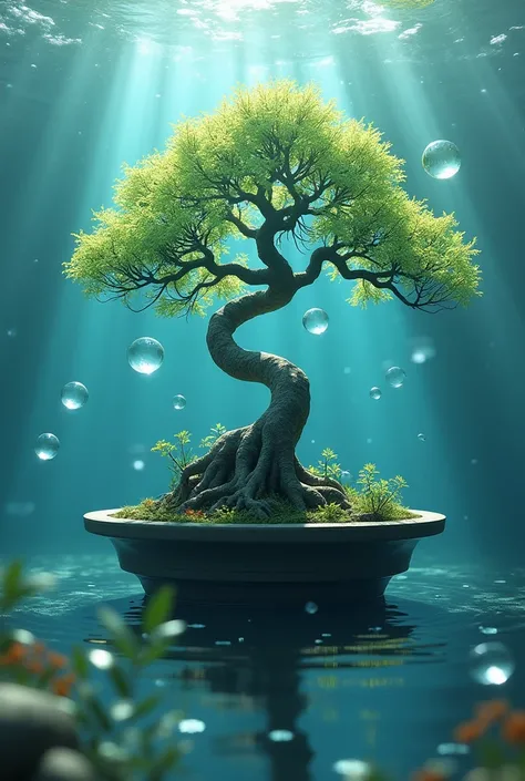 Generate a bonsai with the bunches of bubbles underwater