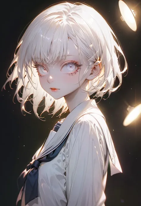 (Highest quality,Very detailed,High resolution:1.2),Slim albino girl，school uniform，very_Long eyelashes, Cool look, Soft Skin, looking at the camera，Illuminated by spotlights