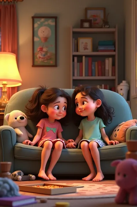 Two sisters are sitting in a living room filled with clutter—scattered books, clothes on the floor, and a half-eaten pizza box on the coffee table. 3d animation and Disney inspired 