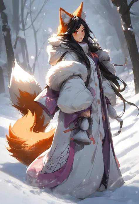 ahri, ahri_(league_of_legends), 1girl, absurdres, animal_ears, black_hair, detached_sleeves, distr, facial_mark, fox_ears, fox_tail, hand_up, highres, league_of_legends, long_hair, snowsuit, magic, multiple_tails, white_tails, orange_eyes, parted_lips, sol...