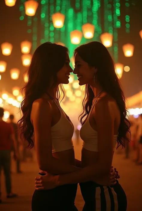 タイのSexy beautiful woman and woman passing each other、Smile、look back。The background is dimly lit with gold spotlights。Firing khom loy into the night sky at the Yi Peng Festival in Chiang Mai。The green letters of the Matrix code flow from top to bottom。Kuro...