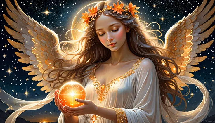 Create a beautiful, ethereal image of a female angel with glowing golden wings. She has flowing hair adorned with orange flowers, wearing a delicate white gown. The angel holds a glowing ball of light in her hands, as if gently cradling a divine essence. T...