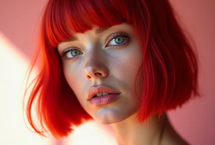 Beauty face of a girl on a light pink cold background, Close-up, high detail, professional photo, studio light, magazine face retouching, Natural beauty, fashionable outrageous girl with bob red hair, Wrinkles on the forehead 
