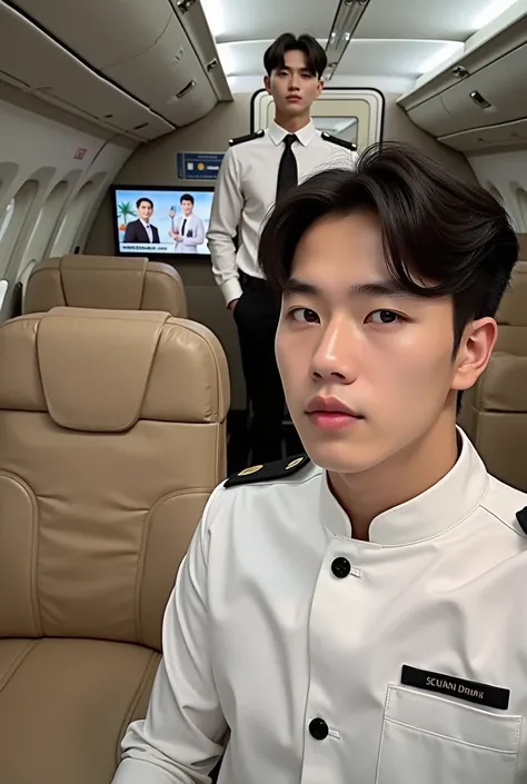 a picture of handsone male cabin crew in his late 20s, thai-korean look, white skin, sleek, middle-parted hair, wearing a see through long sleeves white shirt that can see his sleeveless undershirt inside, have one pocket on his shirt, black pants, black b...