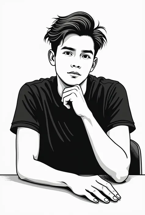 I need a black and white vector image of a young man in a short-sleeved shirt sitting on a chair with his hands stretched out on a table