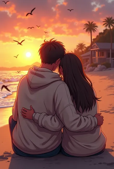 generate image, Storyboard style, of a male character wearing a sweatshirt hugging a female character on the beach sitting watching the sunset, background with small buildings, a hill, and birds.