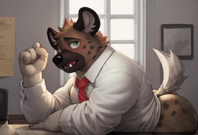 haida, hyena, nuzzle, male, spotted hyena, hyena boy, yellowish green eyes, fangs, spots, spotted body, white canine tail, white hands, white fingers, cheek tufts, neck short tufts, fur, lean, (wearing office outfit/ white shirt and red tie), by sugaryhotd...