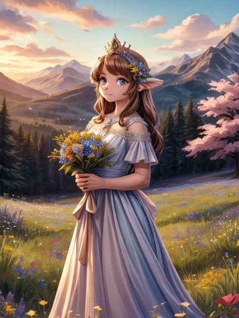 A beautiful, anthropomorphized female teddy bear standing gracefully in a serene meadow, bathed in the soft, golden light of early dawn. She has an elegant human-like posture and is dressed in a flowing, ethereal dress made of delicate petals that shimmer ...