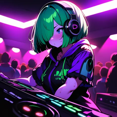 masterpiece,best quality,very aesthetic,high saturation,(ultra-detailed),1girl,solo,curvy,thicc,(hair over one eye:1.3),bob cut,green hair,dark blue eyes,exicited,enjoyable,sweat,toxic colored gothic parka,short sleeves,frilled gothic skirt,headphone,DJ se...