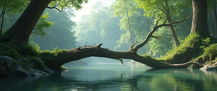 (photo 3D), a landscape, a large lake, a dead-fallen tree across a like a bridge, forest around.