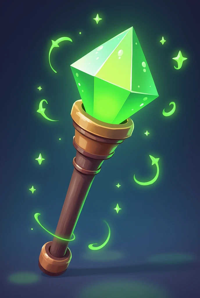 A rod with a green diamond on the tip with animated cartoon details of stars and circles 