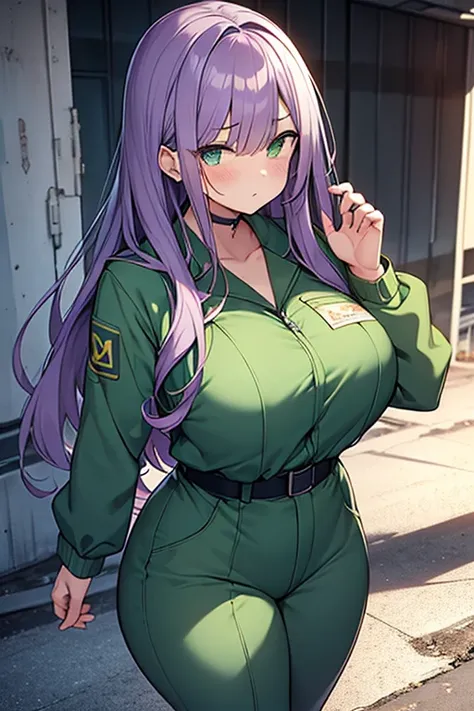 Jumpsuit girl, Chernobyl Exclusion Zone, S.T.a.and others.hair.and.R, Purple Hair, Green Eyes, Scar above left eyebrow, (Very large breasts:1.3), Curvy body type, Thick thighs, 破hairた服, Unarmed, Five fingers on the left hand, five fingers of right hand, sa...