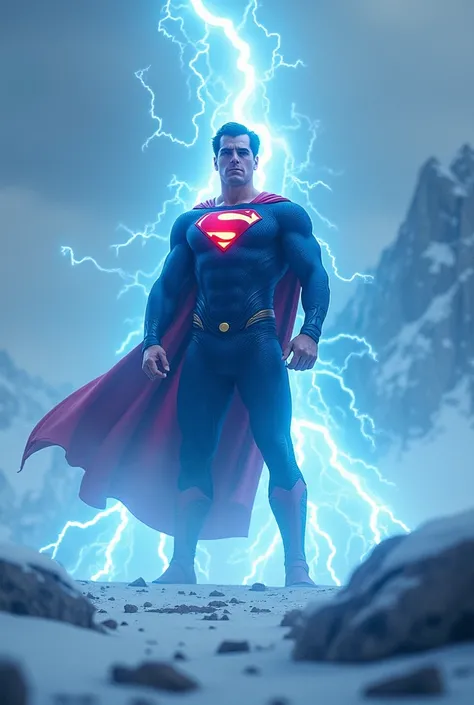 Superman with snow land with blue lighting costume with some fools