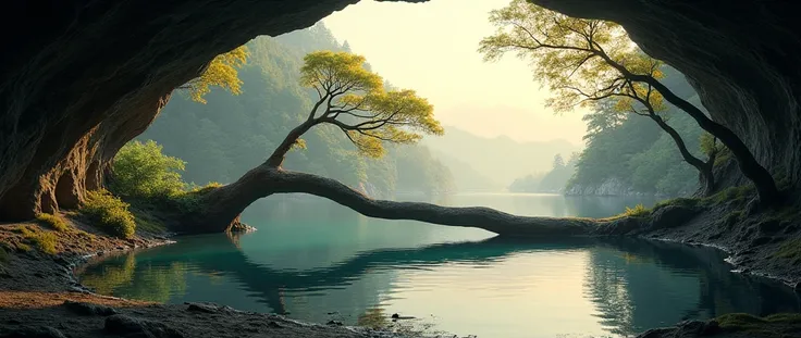 (photo 3D), a landscape, a large lake, a huge dead-fallen tree across a lake like a bridge, forest around, a view from the exit of a cave, lake shore, fantasy dawn light.