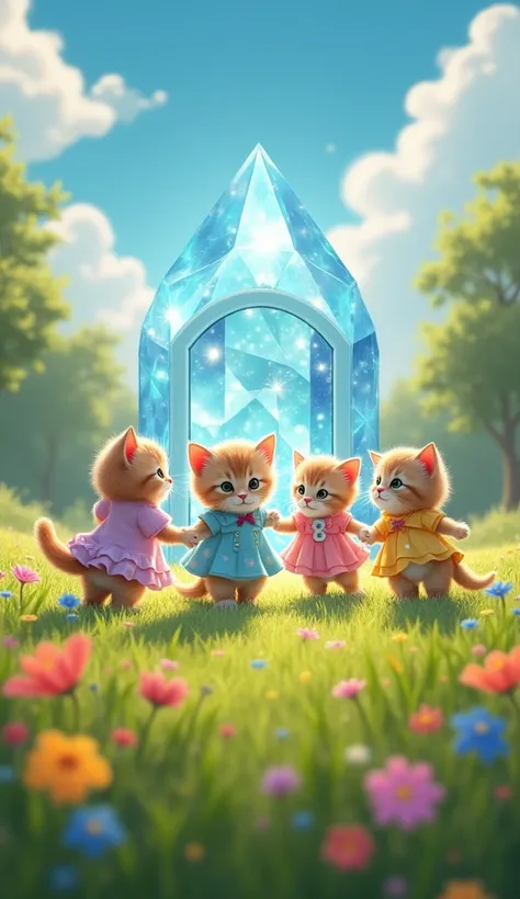 "In a sunny meadow, four kittens—each wearing unique clothing—are playing joyfully. The sky is clear, the grass is lush, and flowers are blooming around them. Suddenly, they notice a large, radiant crystal door that appears mysteriously in the middle of th...