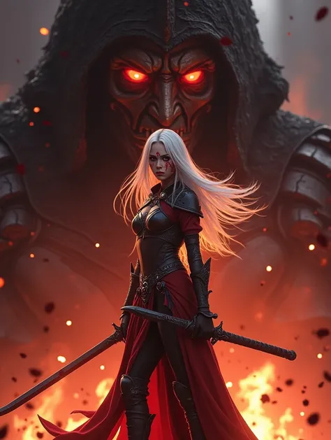 1 woman warrior, with radiating range red glowing eyes, with a masculine and at the same time a feminine features, white straight long hair floating in the wind, with anger and pain expression on her face as it is being covered with the blood of her enemy,...