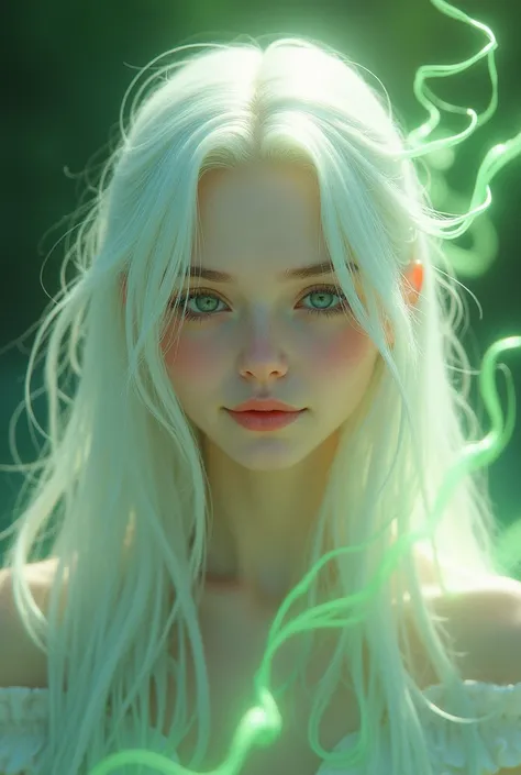 an adult girl with long white hair with a green lock of aura so pure and white smiling at me so kindly 