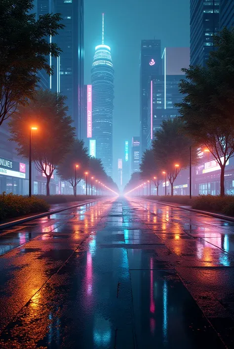 A futuristic scene with water on the asphalt reflecting all the night lights of the city, After the rain. With some trees and vegetation around