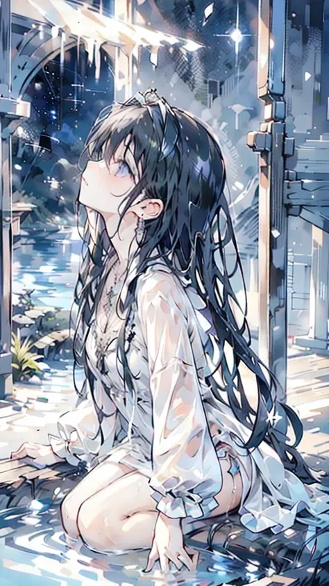 ((masterpiece, High resolution, Highest quality, Very detailed, uhd, 8k)), full body standing, in the lake at night, Starry Sky, Particles of light, Beautiful Anime Girl, (Looking up at the sky with a sad expression), Medium chest, Super long black hair,  ...