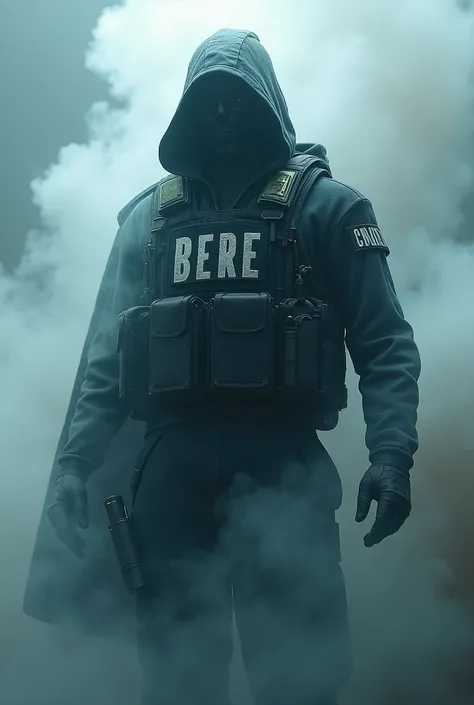 Make a call of duty back ground skin of a mythic ghost with the word "BERE" in captial letters   background visible as a smoke
 ( bizzastar da great)