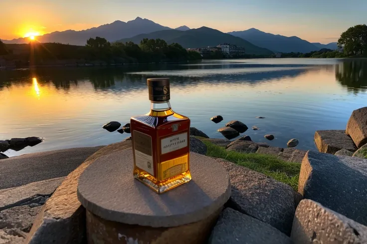 8k,(Highest quality:1.5), (Realistic:1.5),Brick-built whiskey distillery、Whiskey factory building、scotch蒸留所、Scottish Landscape、Islay landscape、Plateau scenery、Amazing view of the sunset sky and clouds、Brown short hair,Whiskey bottles、The Macallan、Johnnie W...