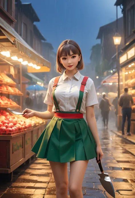 A bunch of garlic with a knife in hand and a short skirt, the background is modern and inorganic, adorable digital painting, 3D rendering, bright lighting, vivid colors, outside and rain
A bunch of garlic with a knife in hand and a short skirt