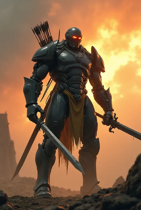 fire cyborg carrying arrows and swords on his back