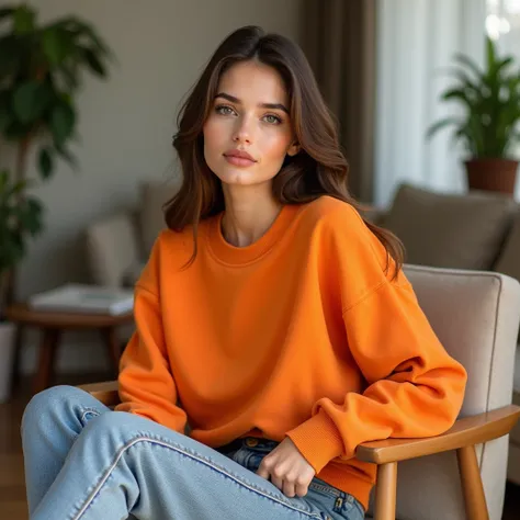 A photo of a beautiful young woman, a model, wearing an orange sweatshirt and blue jeans. She is sitting casually with her hands between her legs. The sweatshirt is soft and fits perfectly without any text, logos or designs. The fabric is flat, firm and wi...