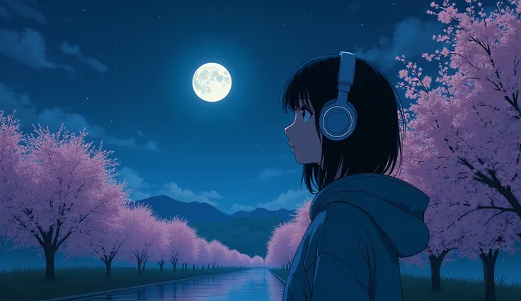 Perfect image、8k、night桜、spring、night、moon、high school girl、Mature、Using headphones、Wearing a hoodie、2D-style animation, Lo-Fi、LOFI、Retro、Anime style illustrations、Long Shot