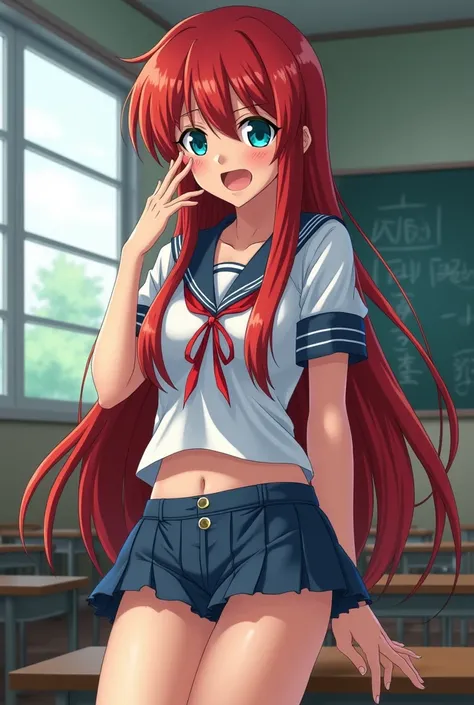 Masterpiece, Highest quality, high resolution, (Makoto Kino),1990s (style), long red hair, Blue-green eyes, sexyな長い脚, Japanese school uniform, very good, Short bulb, see panties, school, classroom, You are a good person., Big Breasts、Sweatingทั่วร่างกาย, H...