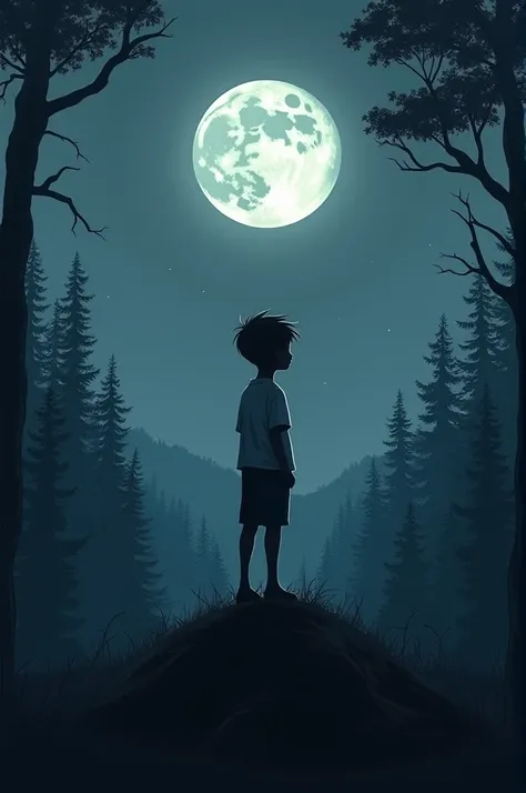 A boy is standing on the peak of the hill in a forest in night towards the moon in very sad mood create a realistic vision v.6.0 B1 image from back side 