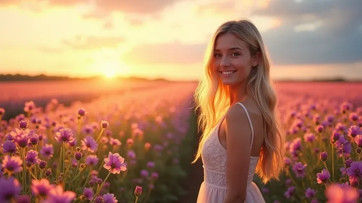 a field of flowers with a sunset in the background, field of flowers, flower fields, floral sunset, field of flowers, field of flowers de fantasia, foto muito bonita, a beautiful landscape, beautiful nature, field of flowers rosa, beautiful scenery, Beauti...