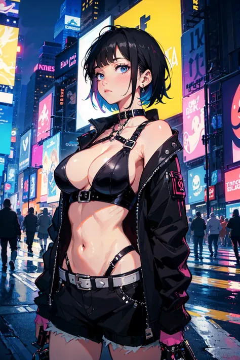 1girl,solo,cool,black short hair,elegant,big breast,cleavage,punk fashion,colorful,
in New York,times square