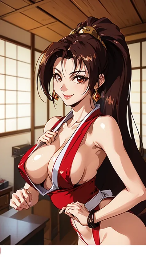 ((Mai Shiranui,ponytail,Background is a Japanese-style room in a Japanese house:1.3)),upper body, Looking at the audience,Slim and sexy figure, the best quality, (8k), (4K),(masterpiece), (the best quality), Extremely detailed, Game CG, Ultra Detailed, ill...