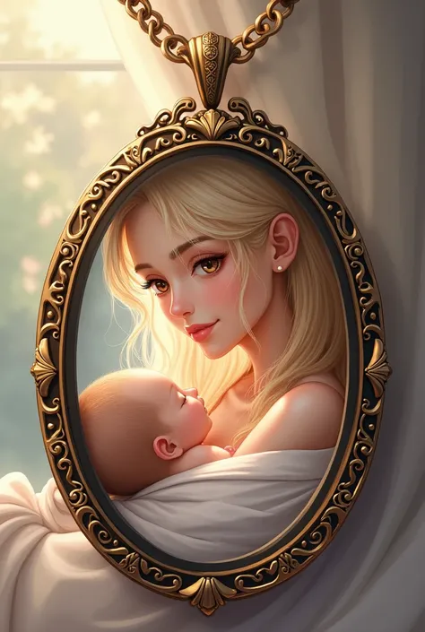 Locket necklace with a picture of a blonde girl with brown eyes holding a newborn baby, anime