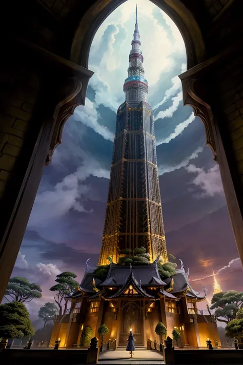 Create a fantasy-style Dragon Quest-inspired scene featuring Tokyo Tower. The Tokyo Tower should be enveloped in mystical light with elegant and intricate decorations. The background should showcase a grand sky with light streaming down from above, warmly ...