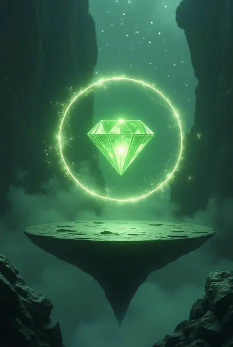 A platform with a floating green diamond with star particles with a ring surrounded 