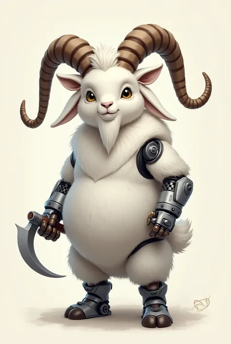 The logo of the white Senduro goat breeder, thick hair, a stout body, white color, the name Reno, a handsome face, a robot, holding a clurit with long ears all the way down
