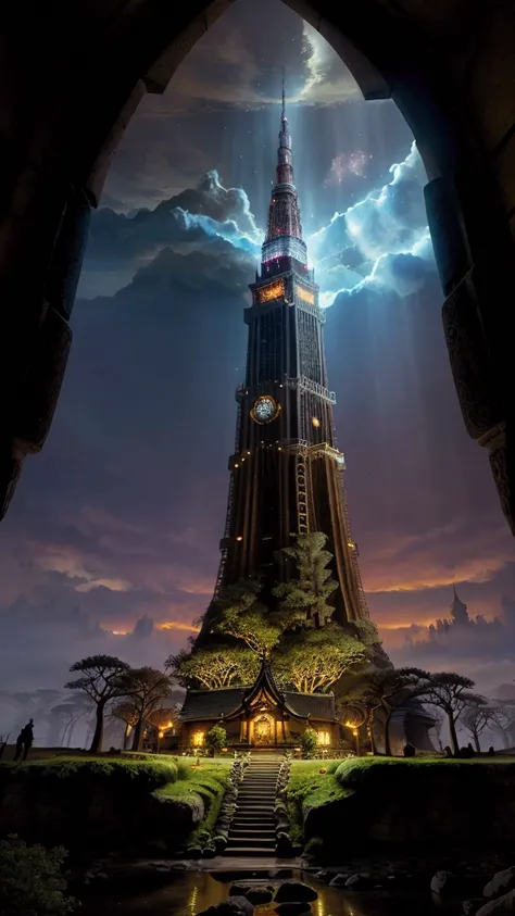 Create a fantasy-style Dragon Quest-inspired scene featuring Tokyo Tower. The Tokyo Tower should be enveloped in mystical light with elegant and intricate decorations. The background should showcase a grand sky with light streaming down from above, warmly ...